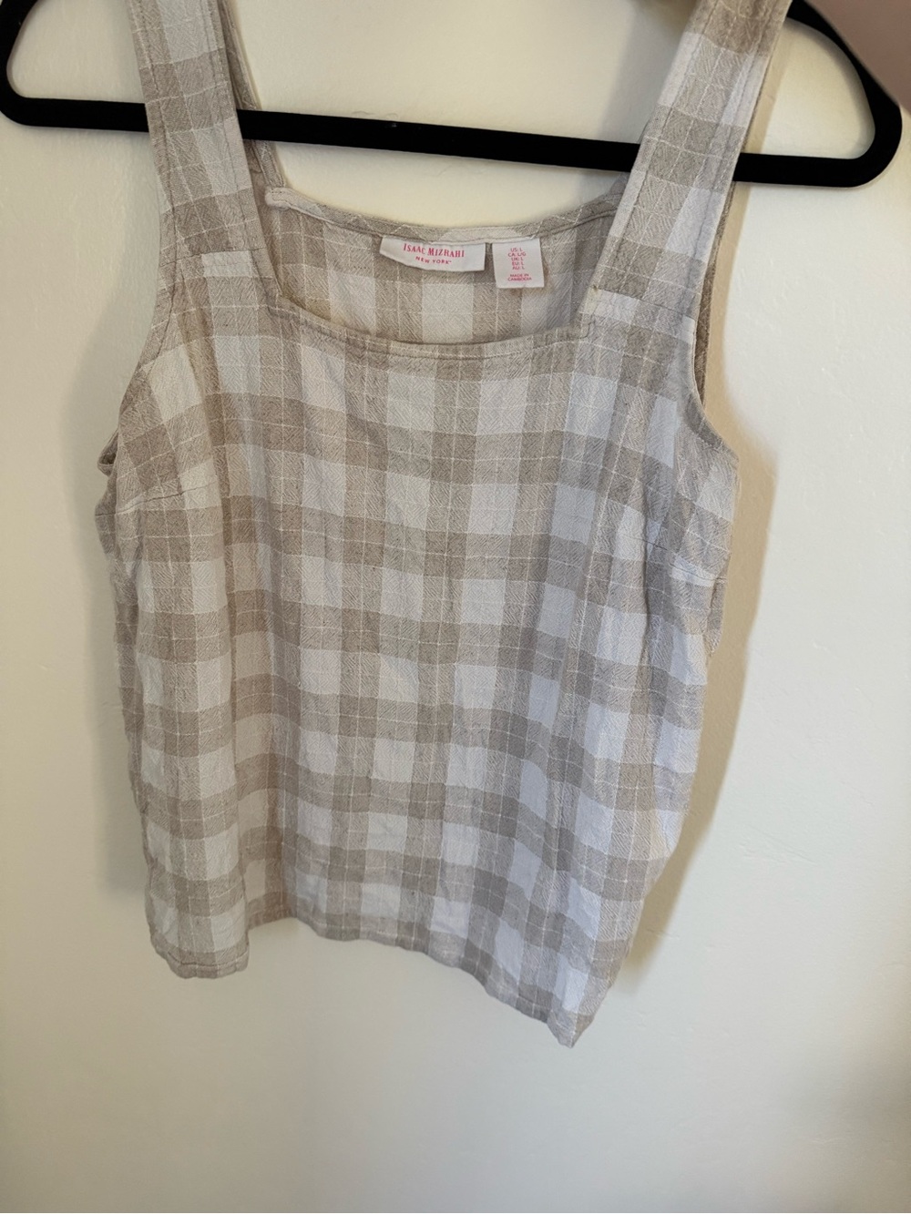Isaac Mizrahi Beige and White Plaid Linen-Blend Tank